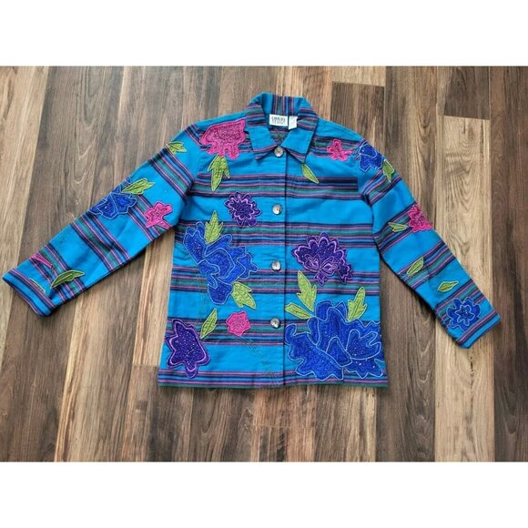 Vtg Chicos Colorful Blue Purple Floral Applique Beaded Artsy Button Up Jacket S - Picture 1 of 5